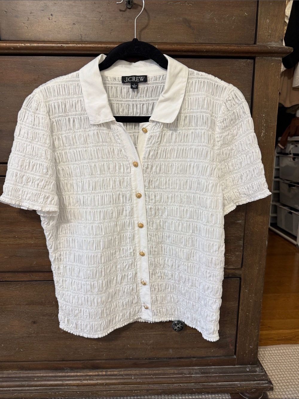 J. Crew White Textured Short-Sleeve Button-Down Shirt Large